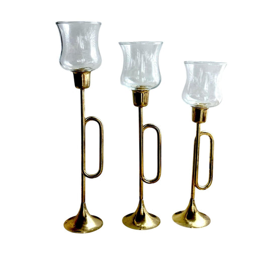 Vintage Brass & Glass Horn Candle Holders Set Of 3