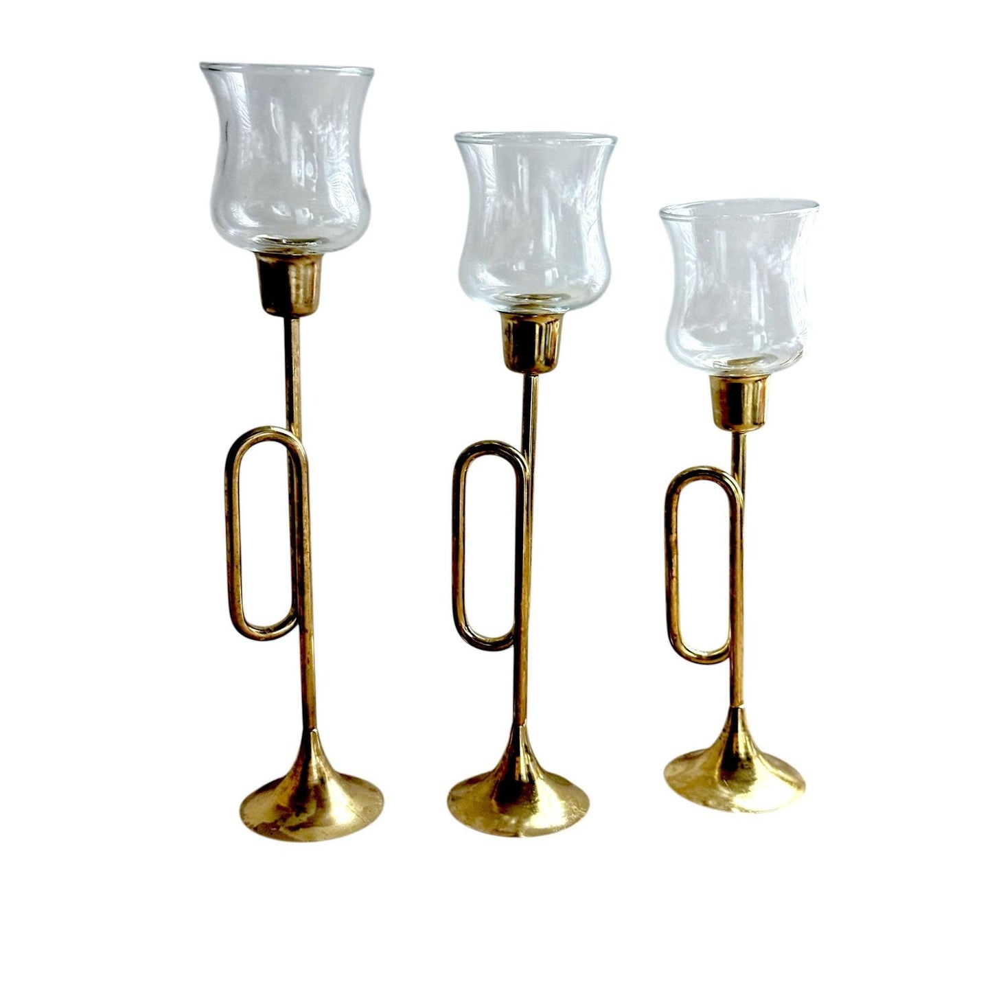 Vintage Brass & Glass Horn Candle Holders Set Of 3
