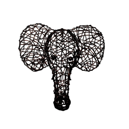 Vintage Rattan & Metal Woven Elephant Sculpture Wall Decor