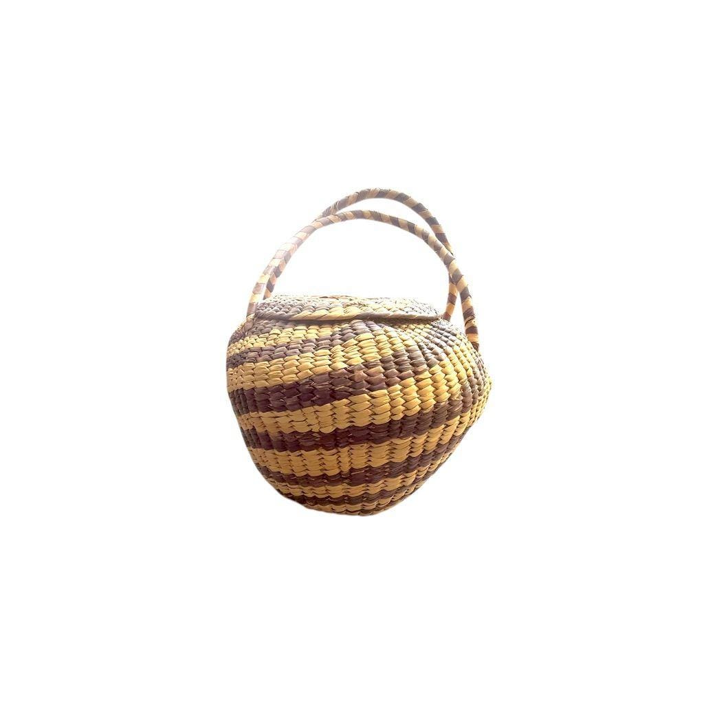 Handmade Woven Raffia Basket With Lid & Handle - Natural Purple Stripes
