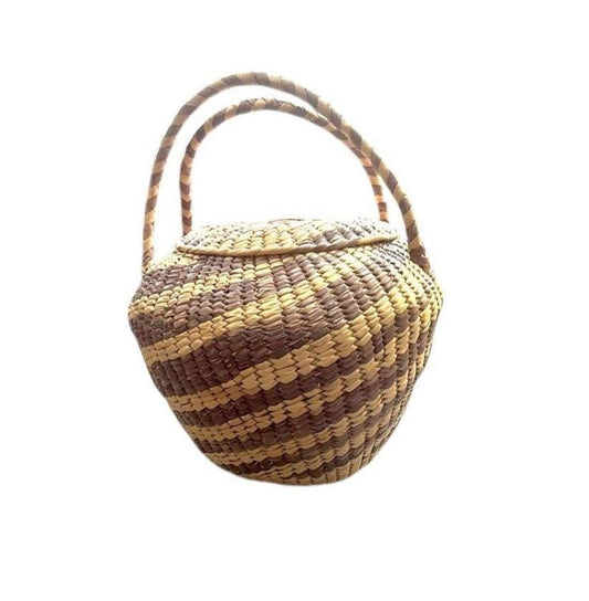 Handmade Woven Raffia Basket With Lid & Handle - Natural Purple Stripes