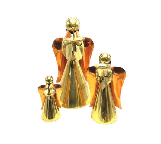Vintage Handcrafted Brass & Copper Angel Candle Holders Set Of 3