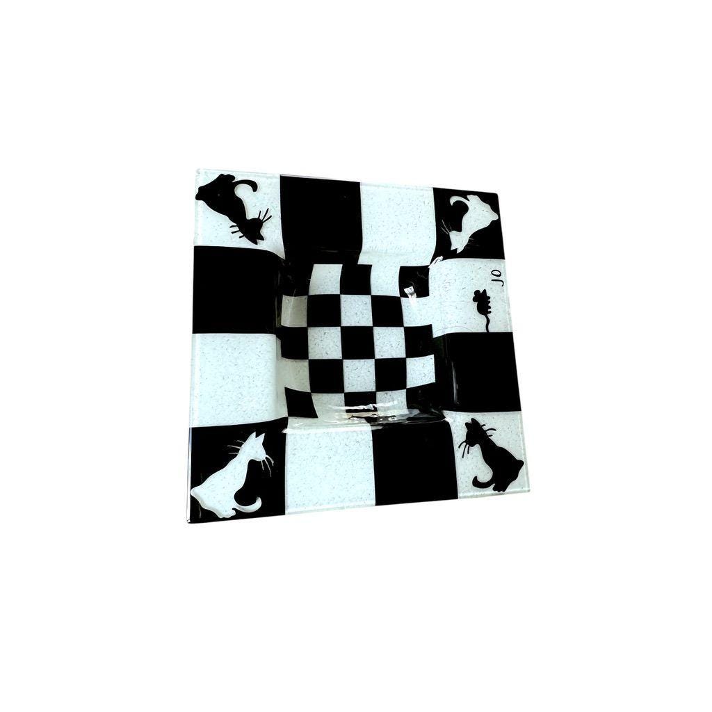 Black and White Fused Glass Square Plate With Cat & Mouse Signed JO