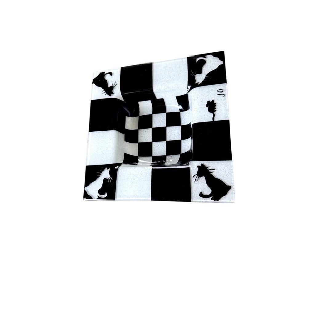 Black and White Fused Glass Square Plate With Cat & Mouse Signed JO
