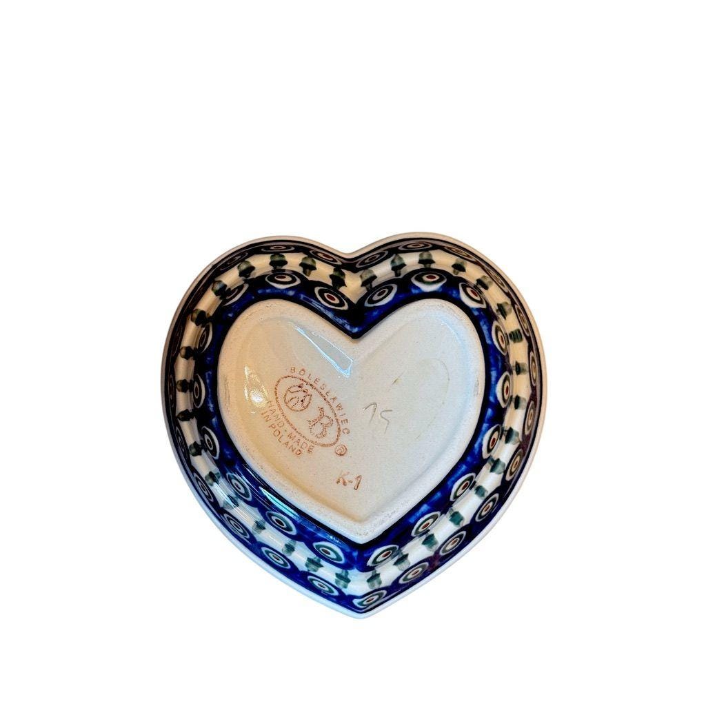 Boleslawiec Polish Pottery Handcrafted Heart Shaped Bowl Blue Peacock Eye