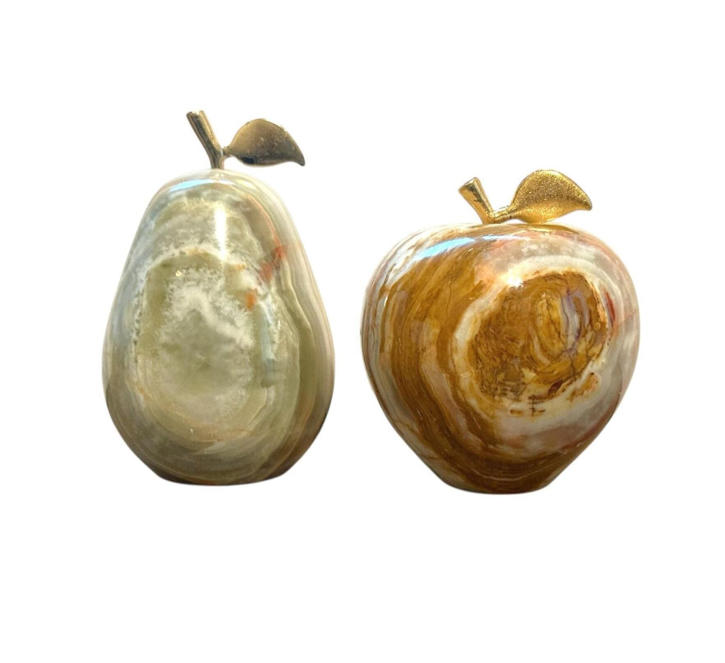 Onyx Marble Apple & Pear Paperweight Set With Brass Leaf Accents Decorative Collectibles