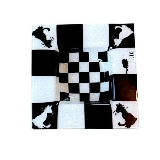 Black and White Fused Glass Square Plate With Cat & Mouse Signed JO