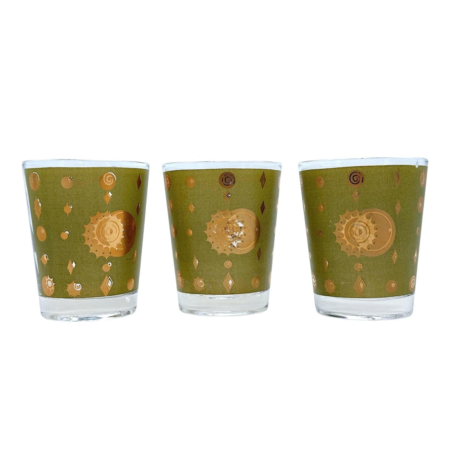 Fred Press Mid-Century Modern Atomic Eclipse Pattern Lowball Glassware Gold & Olive Green