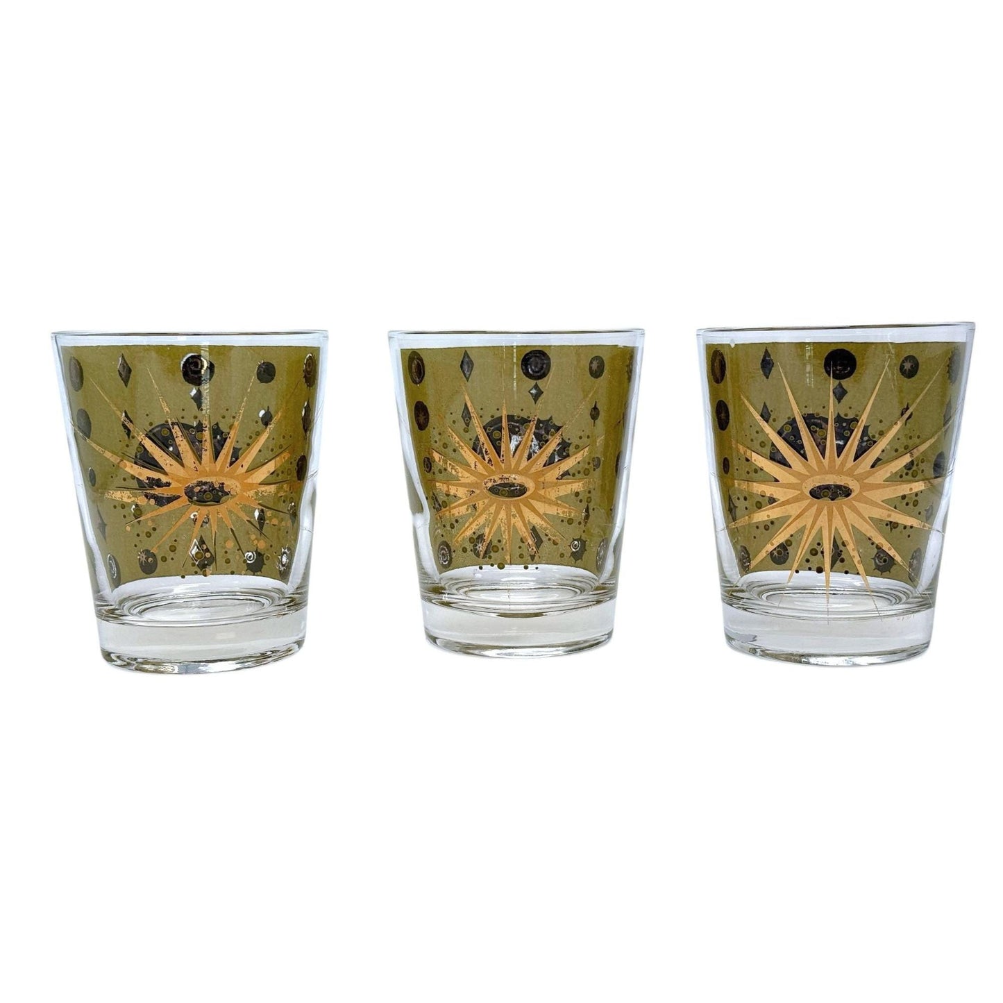 Fred Press Mid-Century Modern Atomic Eclipse Pattern Lowball Glassware Gold & Olive Green