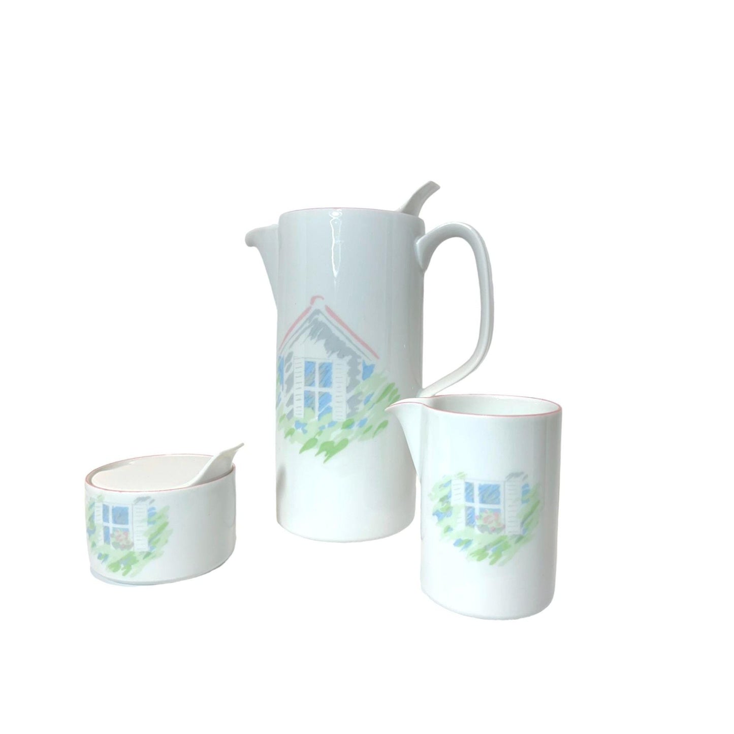 Creation Alpac French Porcelain Pitcher, Creamer & Sugar Cottage Pink and Green