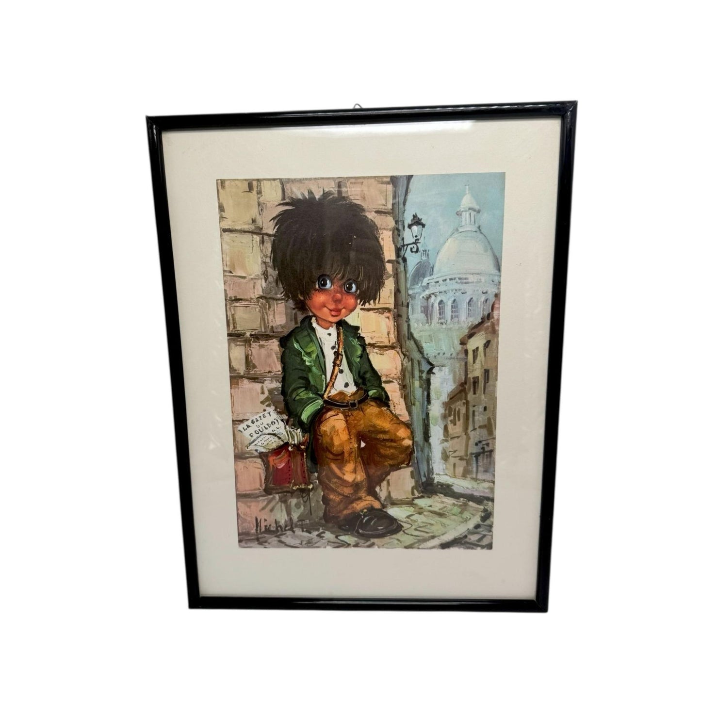 Michel Tomas Vintage French Big Eyed Boy and Girl Art Prints Framed Set of 2