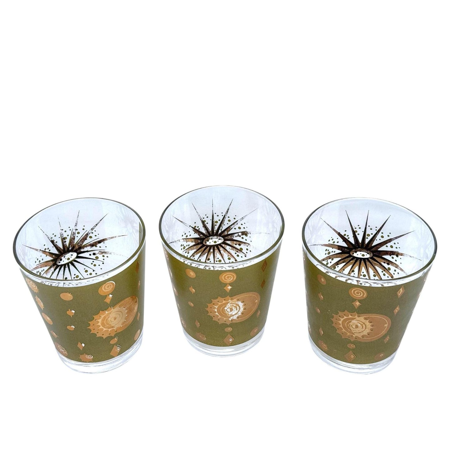 Fred Press Mid-Century Modern Atomic Eclipse Pattern Lowball Glassware Gold & Olive Green