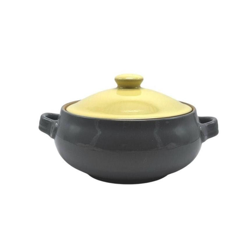 1955 Denby Dovedale Stoneware Casserole Dish W/ Lid Yellow & Gray Handles 2 Qt