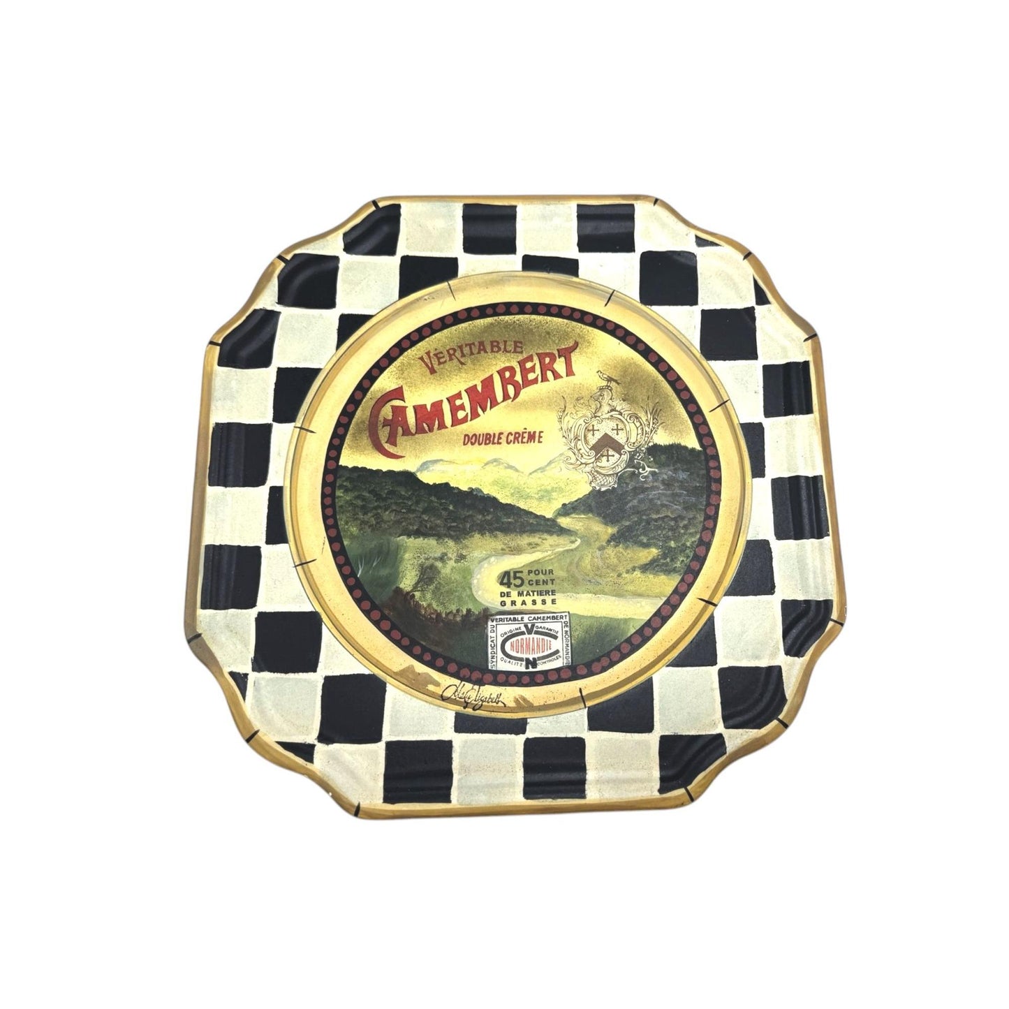 Tan San Design Hand-Painted Wood French Camembert Cheese Plates Decorative Black White Checkered -2 with Easels