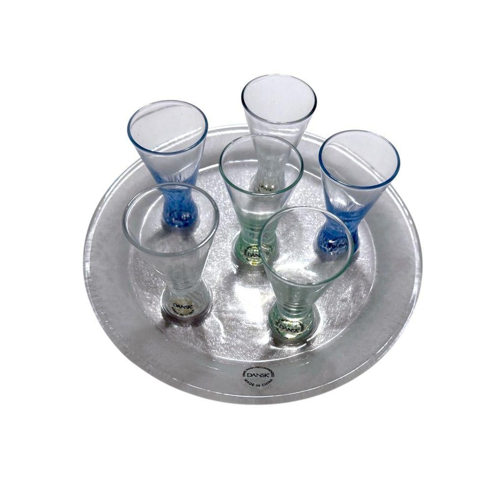 Dansk Mid-Century Modern Glass Cordial Set With Textured Serving Tray - 6 Glasses