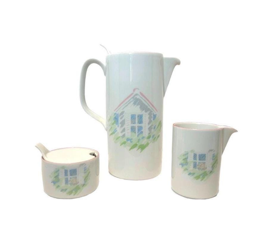Creation Alpac French Porcelain Pitcher, Creamer & Sugar Cottage Pink and Green