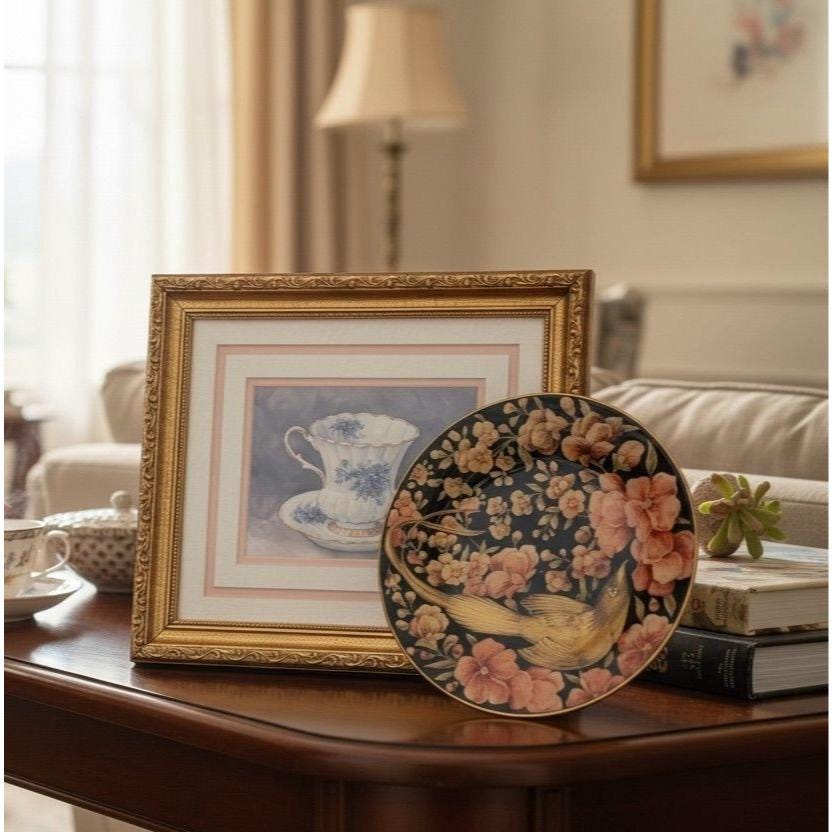 Pottery Barn Floral Bird Plate & Barbara Mock Teacup Framed Print Set Pink/Blue