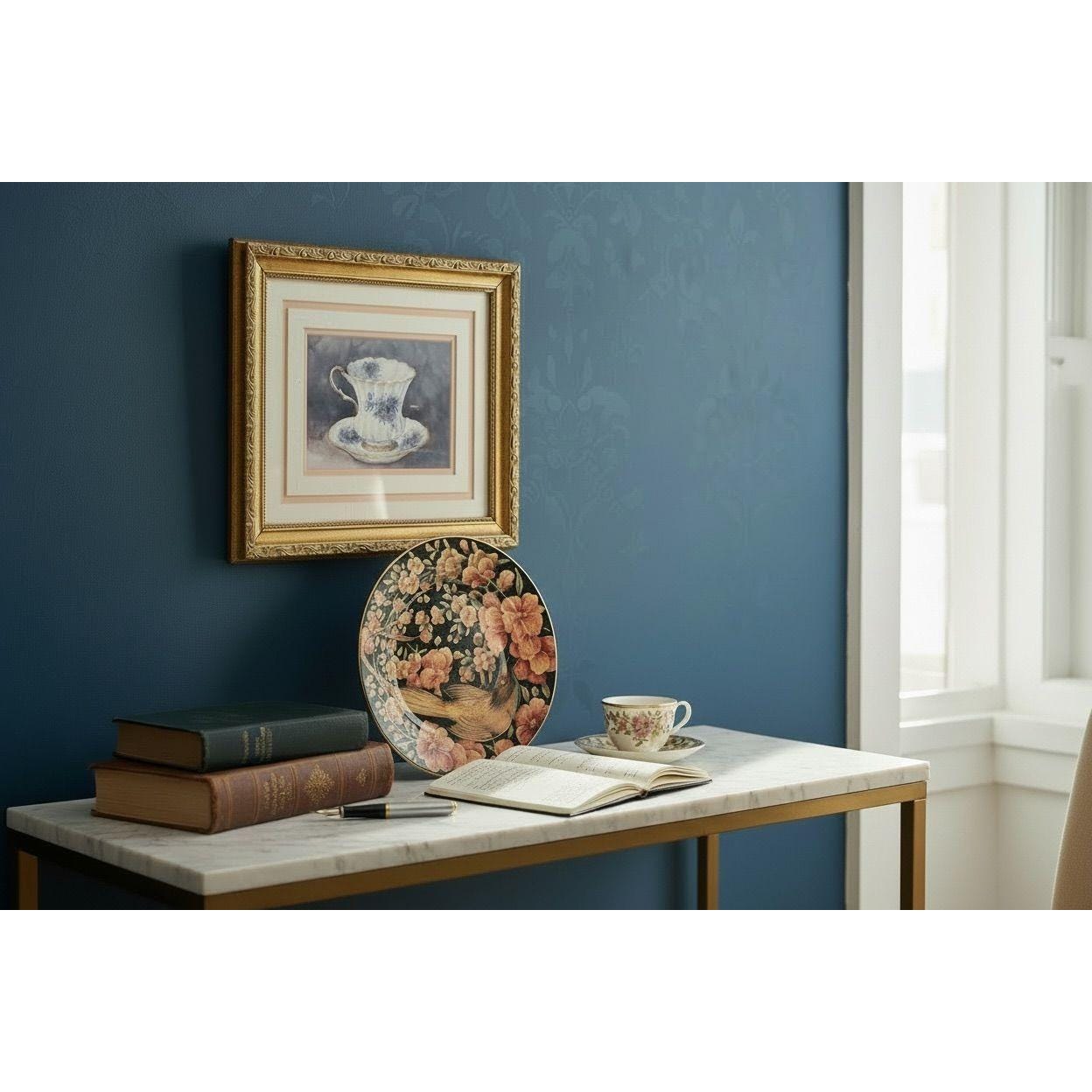Pottery Barn Floral Bird Plate & Barbara Mock Teacup Framed Print Set Pink/Blue