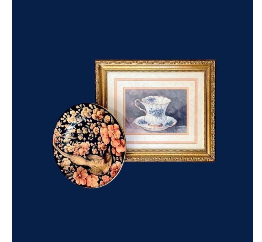 Pottery Barn Floral Bird Plate & Barbara Mock Teacup Framed Print Set Pink/Blue