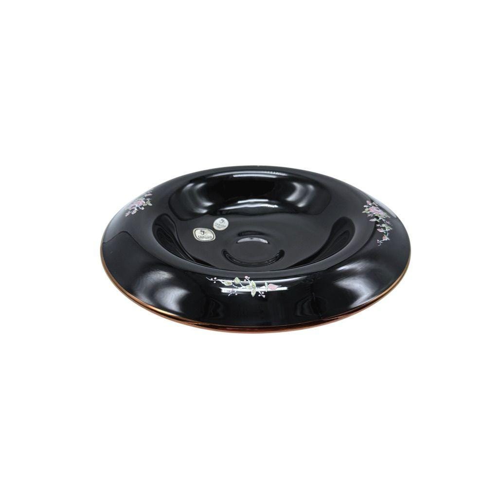 Fenton Hand-painted Black Glass Bowl With Floral Design & Rose Gold Accents