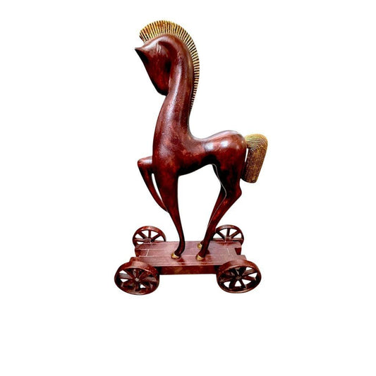 Vintage Handcrafted Wooden Horse Figurine On Wheels Gold Accents - Decorative Collectible Sculpture - Unique Artisan Craft