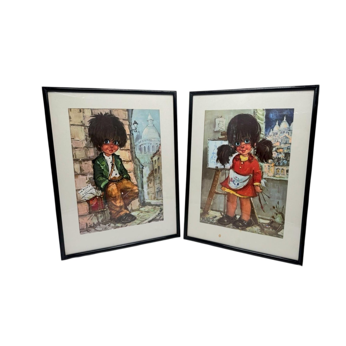 Michel Tomas Vintage French Big Eyed Boy and Girl Art Prints Framed Set of 2
