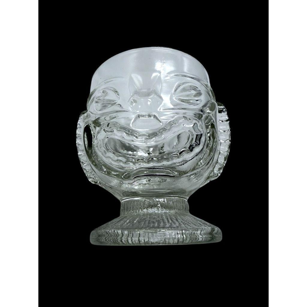 Set Of 3 Vintage Clear Glass 2 Face Tiki Mug Goblets