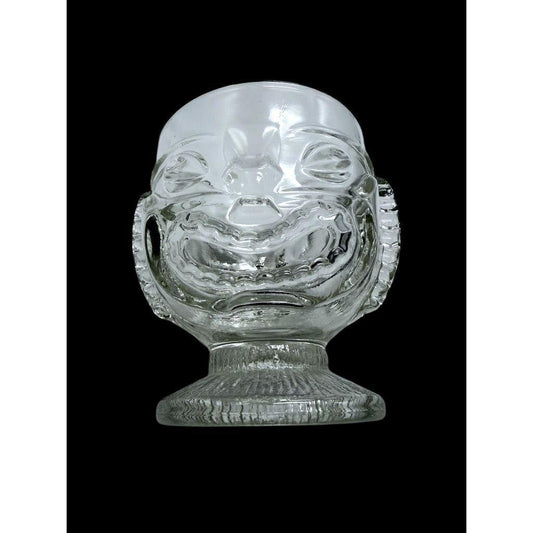 Set Of 3 Vintage Clear Glass 2 Face Tiki Mug Goblets