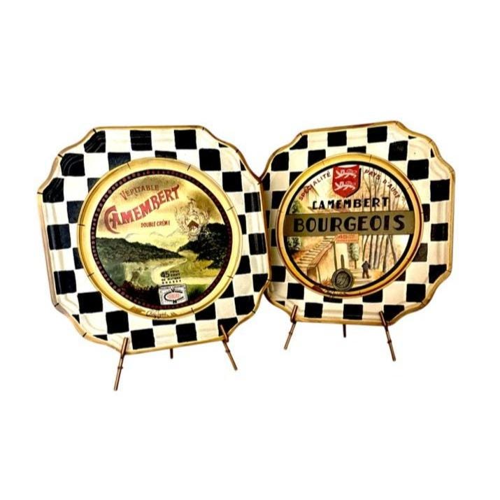 Tan San Design Hand-Painted Wood French Camembert Cheese Plates Decorative Black White Checkered -2 with Easels