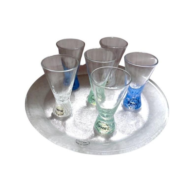 Dansk Mid-Century Modern Glass Cordial Set With Textured Serving Tray - 6 Glasses