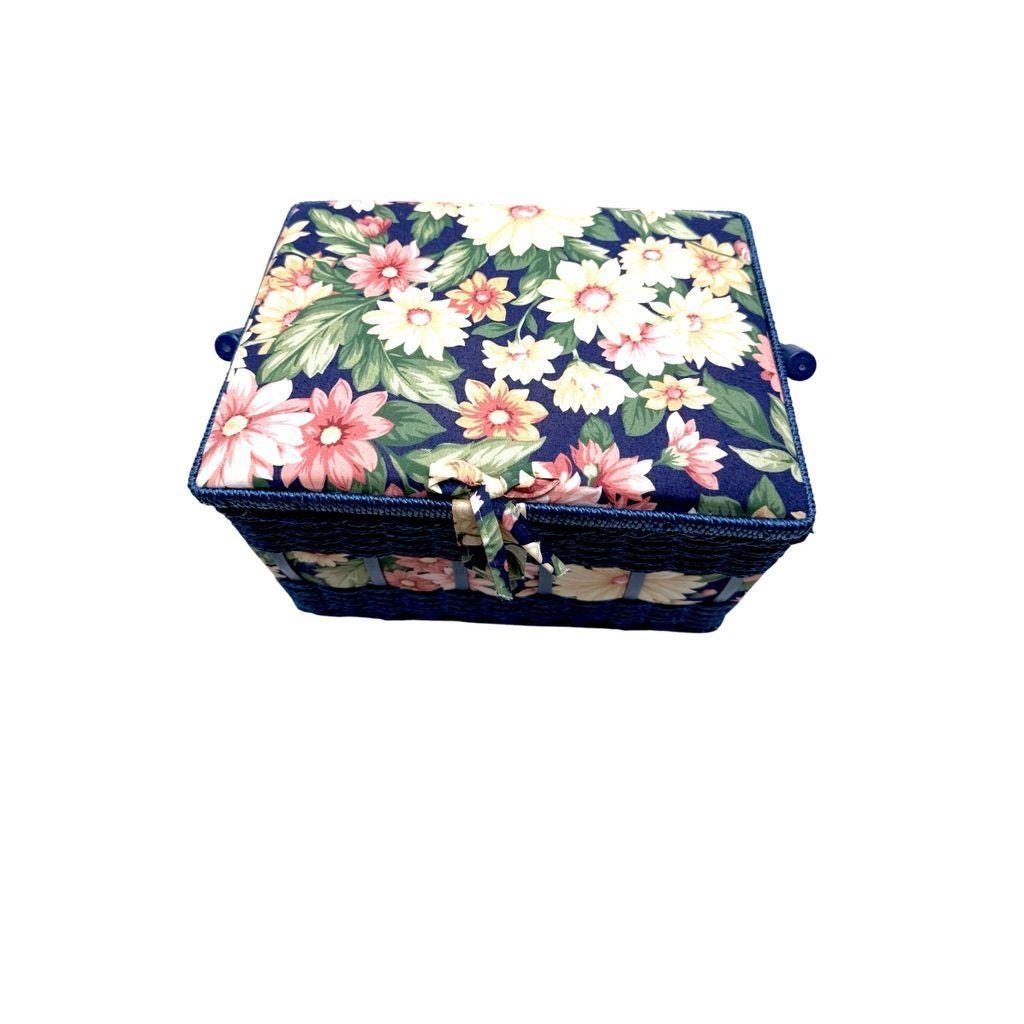 Vintage Blue Woven Floral Craft Storage Basket With Lid