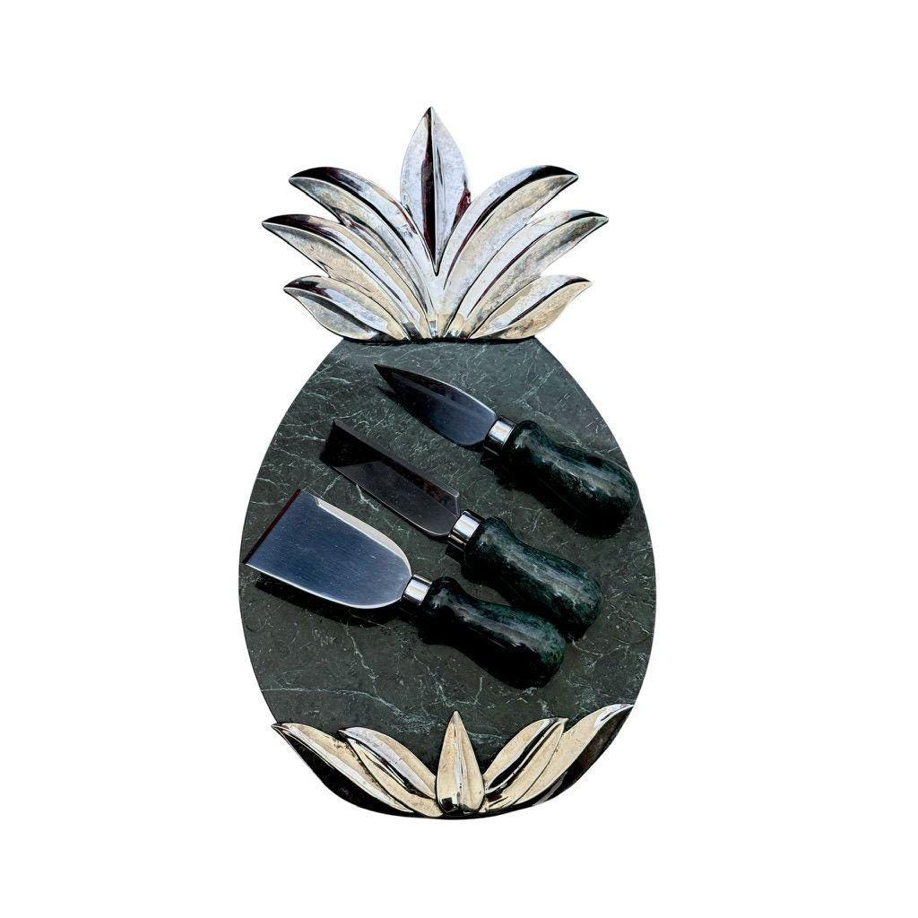 Godinger Pineapple Silver Plated Green Marble Cheese Serving Set Utensils & Tray