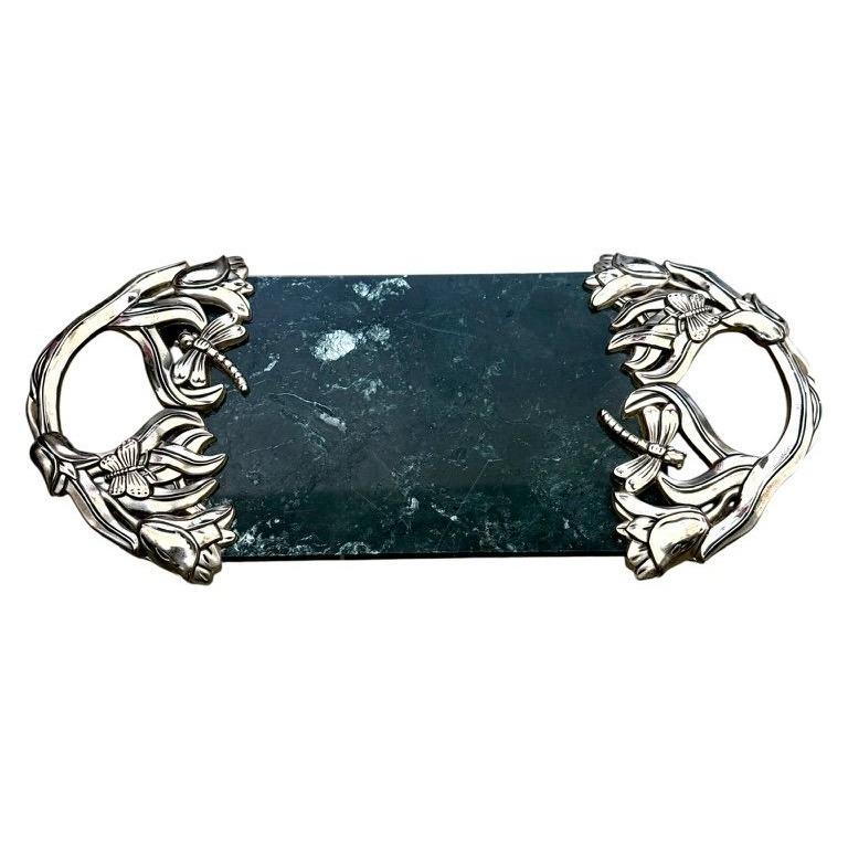 Godinger Silver plated Green Marble Serving Tray With Ornate Dragonfly/Butterfly Handles