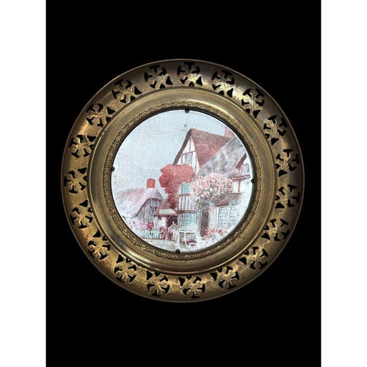 Vintage Brass Framed Foil Lithograph English Cottage Scene Made In England Wall Decor