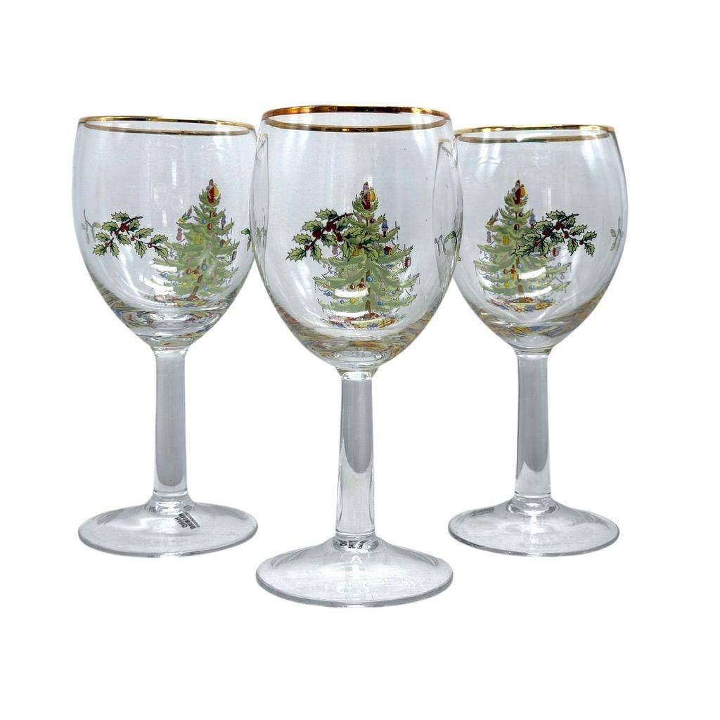 Set of 3 Spode Christmas Tree Wine Glasses with Gold Rim (7oz)