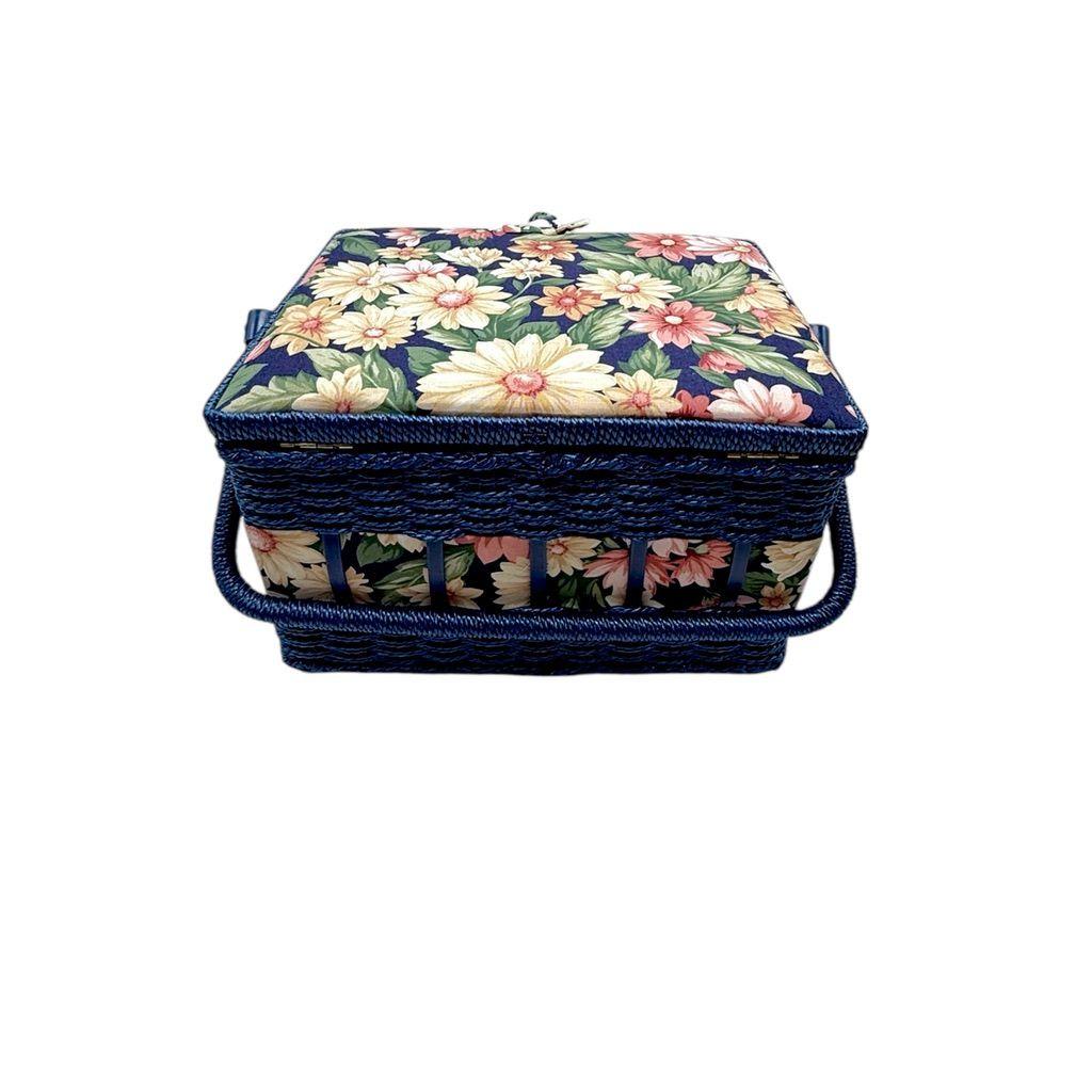 Vintage Blue Woven Floral Craft Storage Basket With Lid