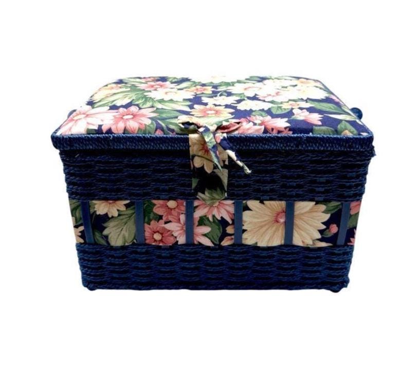 Vintage Blue Woven Floral Craft Storage Basket With Lid
