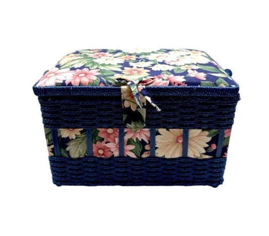 Vintage Blue Woven Floral Craft Storage Basket With Lid