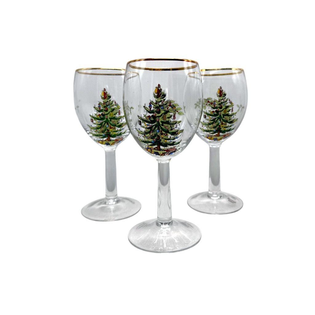 Set of 3 Spode Christmas Tree Wine Glasses with Gold Rim (7oz)