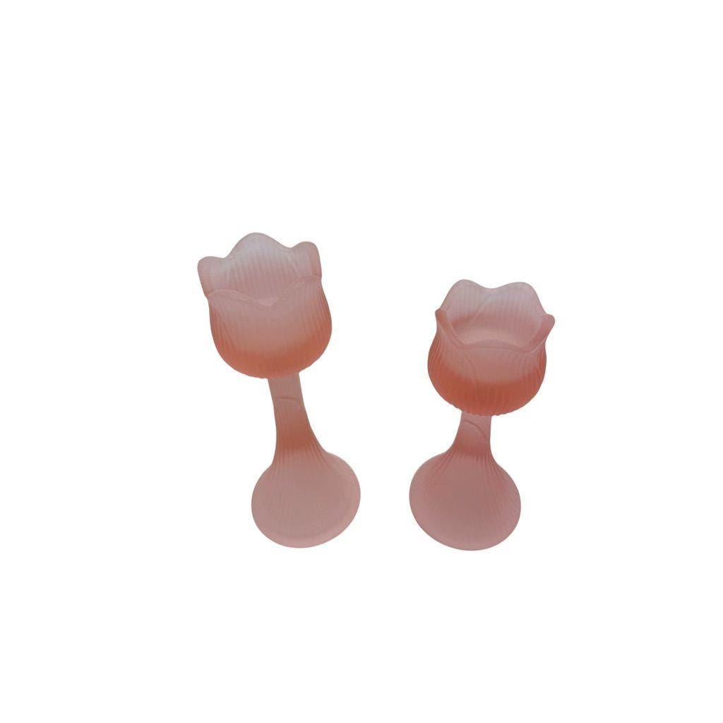 Vintage Pink Frosted Glass Tulip Candle Holders Elegant Ribbed Design Set Of 2