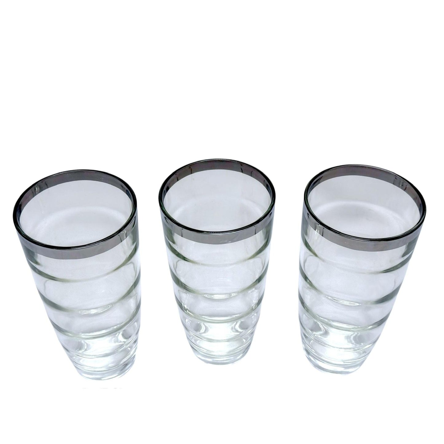 Clear Glass Tumblers With Silver Rim Ribbed Design Set Of 3