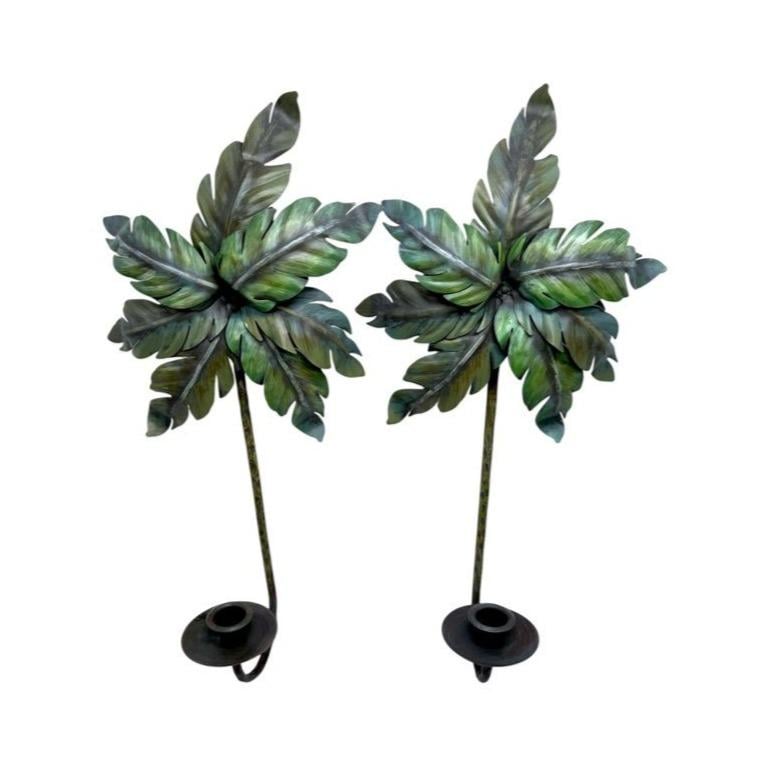 Tropical Palm Leaf Metal Wall Sconce Candle Holders - Pair 16" Tall Green Finish