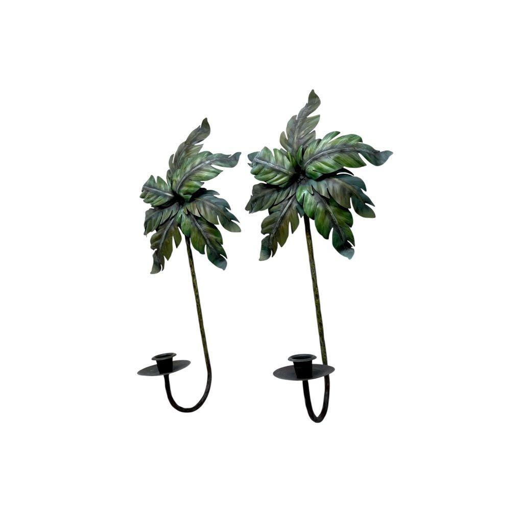 Tropical Palm Leaf Metal Wall Sconce Candle Holders - Pair 16" Tall Green Finish