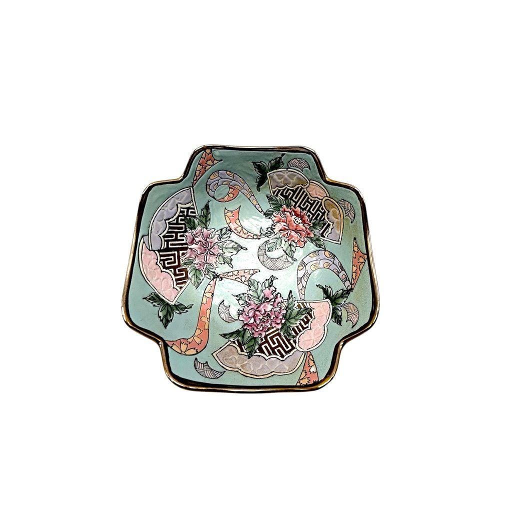 Andrea By Sadek Vintage Cloisonné Porcelain Scalloped Bowl With Floral Design & Brass Accents