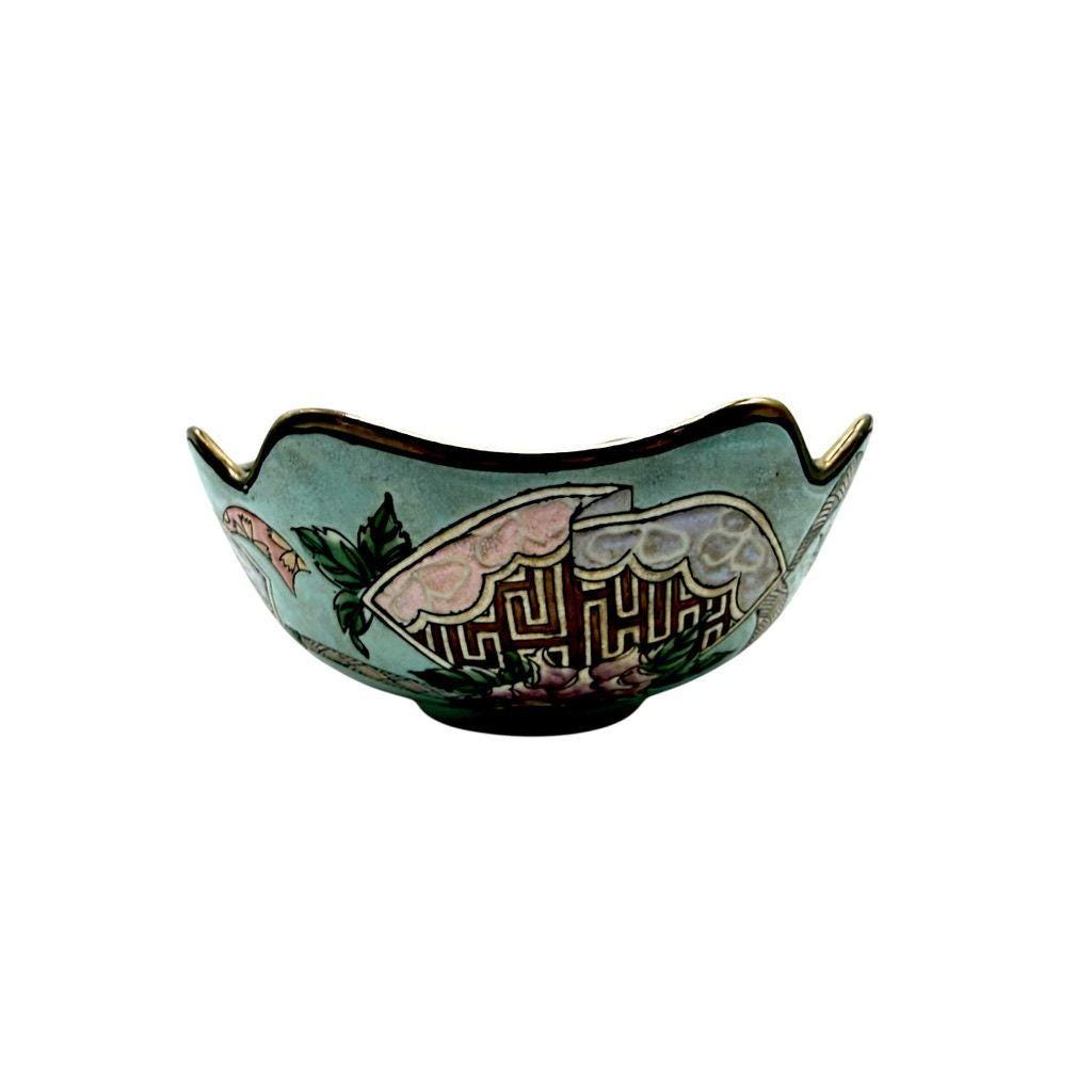 Andrea By Sadek Vintage Cloisonné Porcelain Scalloped Bowl With Floral Design & Brass Accents