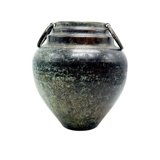 Vintage Metal Vase With Rustic Green Patina & Decorative Handles