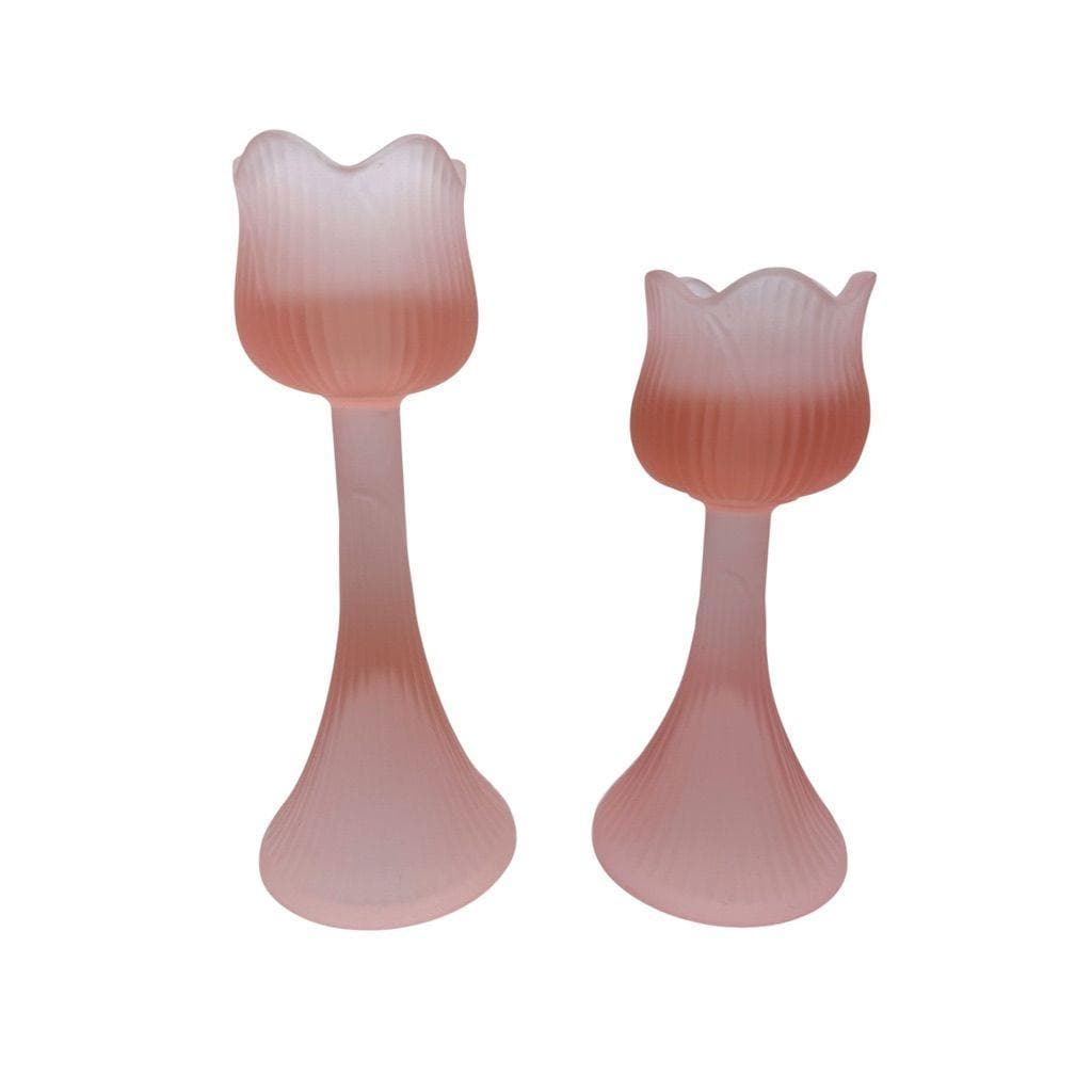 Vintage Pink Frosted Glass Tulip Candle Holders Elegant Ribbed Design Set Of 2