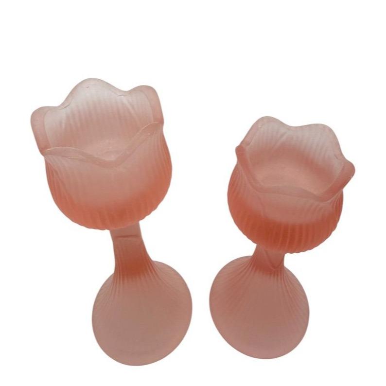 Vintage Pink Frosted Glass Tulip Candle Holders Elegant Ribbed Design Set Of 2