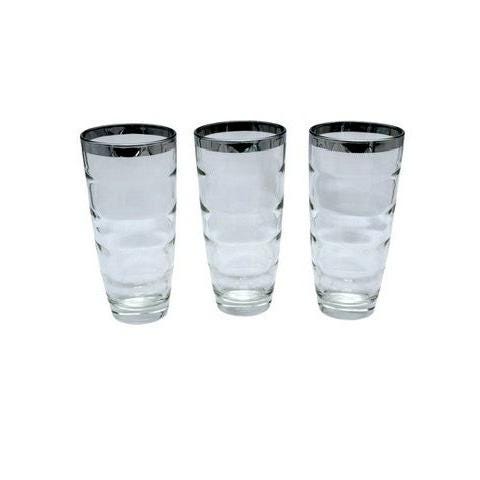 Clear Glass Tumblers With Silver Rim Ribbed Design Set Of 3