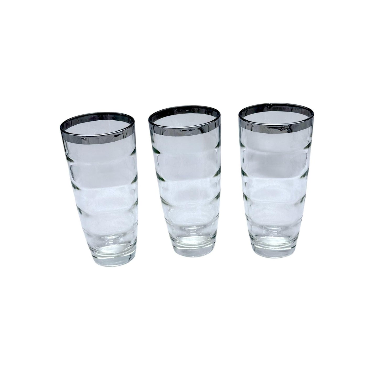 Clear Glass Tumblers With Silver Rim Ribbed Design Set Of 3